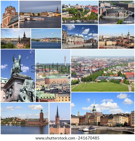 Stockholm, Sweden travel photos collage. Collage includes major landmarks like Gamla Stan (Old Town), Sodermalm island and City Hall.