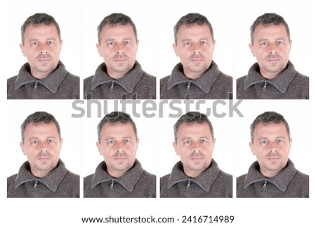 Male picture passport in serious portrait of adult man for id card Visa picture for papers in studio against white wall background