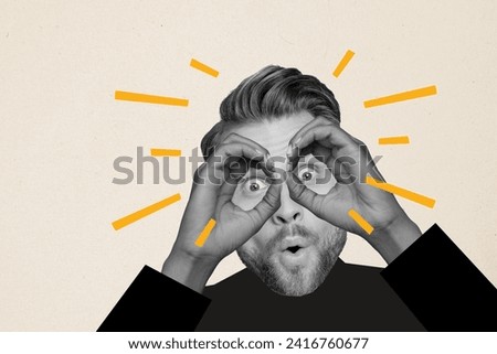 Collage image of speechless shocked black white effect guy arms fingers binoculars look watch isolated on beige background