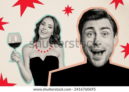 Creative collage picture photo young impressed amazed man smiling happy woman elegant dress hold wine glass party club event dating