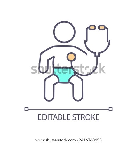 Baby exam RGB color icon. Health check up. Pediatric care. Respiratory system. Heart sound. Doctor appointment. Isolated vector illustration. Simple filled line drawing. Editable stroke