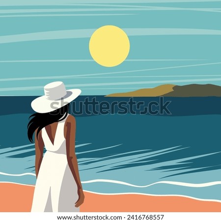 Vector retro illustration with text Hello summer. Conceptual tourism, recreation. Beautiful woman in a hat on the beach against the background of the sky and sea. Female tourist in a white dress Royalty-Free Stock Photo #2416768557