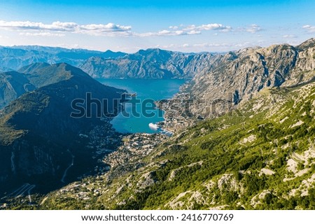 Kotor city and bay from the top view, drone shot aerial view, Montenegro