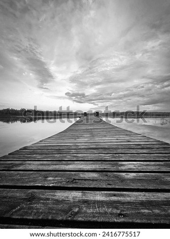 Wooden jetty jutting into a Swedish lake in black and white. Nature photograph from Scandinavia