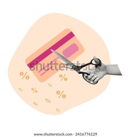 Contemporary art collage of hand with scissors cutting a credit card. Concept of economy, banking, money, payment, finance.  Modern design. Copy space.