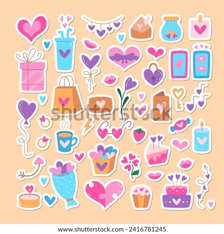 Valentines Day Sticker Colorful Vector Collection. Design Element Set and Clip Art for Valentine Day. Cute Colorful Illustration of Cake, Greeting Card, Candle, Heart, Telephone, Gift Box.