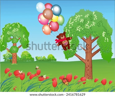 Cartoon style landscape with a trees on a field and a tulips in the foreground, bees and bugs and a bunch of flying balloons. Vector illustration.
