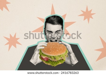 Horizontal promotion photo collage of young guy have lunch at bistro hold eat big tasty hamburger calories fastfood on creative background