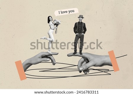 Creative collage picture illustration black white effect charm happy young lady gentleman say i love you gift flower hand retro gesture