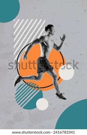 Vertical collage creative picture monochrome effect serious attractive young man run lifestyle colorful figure unusual template