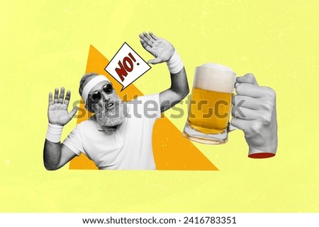 Photo sketch collage picture of funky sporty guy denying unhealthy way of life isolated yellow color background