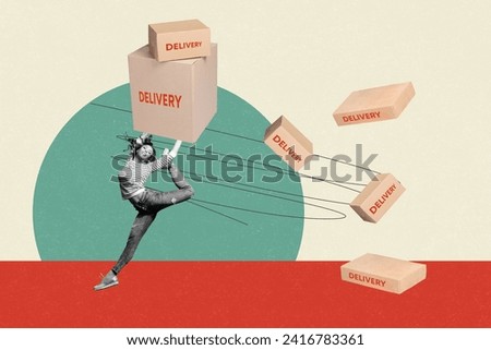 Photo collage picture young dancing cheerful ballerina girl carry delivery packages carton boxes load service shipment relocation Royalty-Free Stock Photo #2416783361