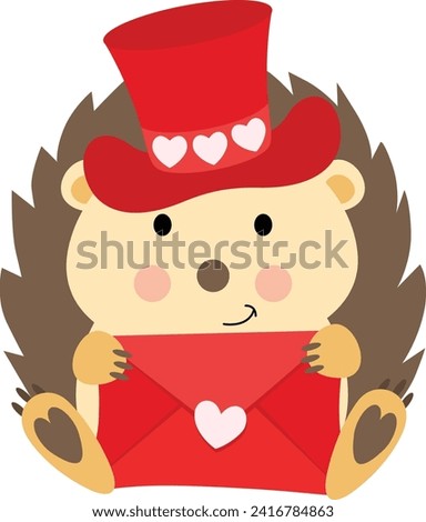 Adorable hedgehog with red hat holding a valentine letter envelope

