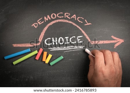 Choice and Democracy Concept. Text and colored pieces of chalk on a dark chalkboard.