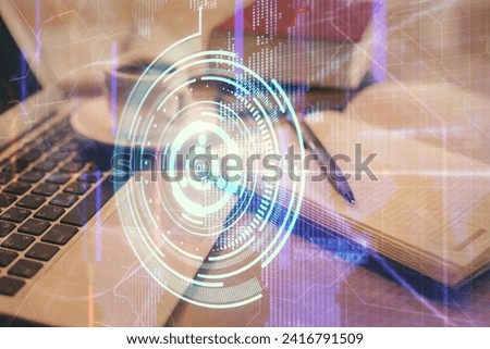 Double exposure of technology theme drawing and desktop with coffee and items on table background. Concept of data research.