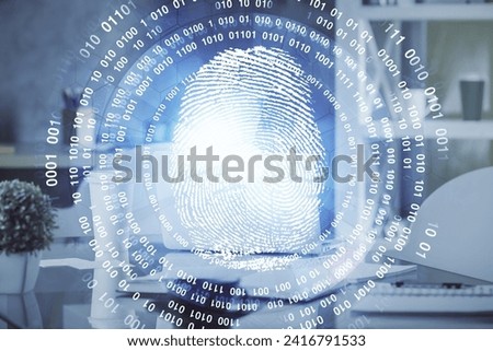 Double exposure of finger print and office interior background. Concept of security.