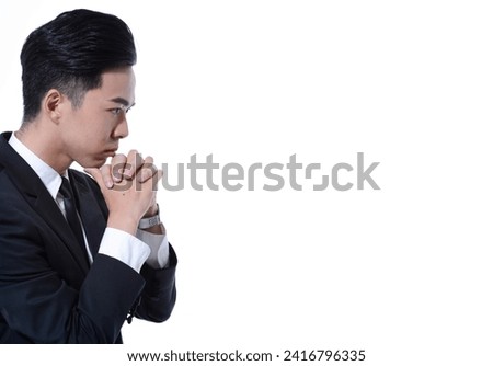 Handsome elegant young man with business suit and neck-tie with thinking isolated on white background 