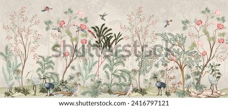 blossom tree With sparrow, finches, butterflies, dragonflies. Seamless pattern, background. Vector illustration. Chinoiserie, traditional oriental botanical motif.