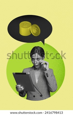 Vertical collage poster illustration black white effect shocked amazed young lady look tablet circle speech coin unusual green background Royalty-Free Stock Photo #2416798413