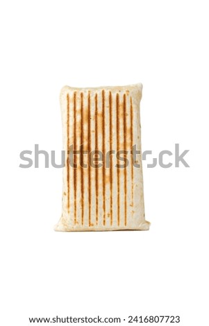 a high-resolution level eye image of a meticulously prepared grilled wrap that has been toasted to perfection, boasting an appetizing golden-brown hue.