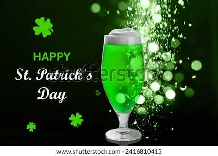 Happy St. Patrick's Day. Tasty green beer on dark background, bokeh effect