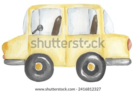 Cute hand painted vintage yellow car clipart.  Watercolor transport illustration. Graphic travel transportation clip art