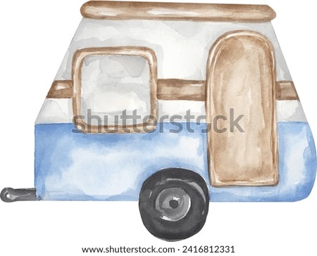 Cute hand painted vintage blue trailer clipart.  Watercolor transport illustration. Graphic travel transportation clip art