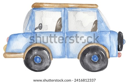 Cute hand painted vintage blue car clipart.  Watercolor transport illustration. Graphic travel transportation clip art