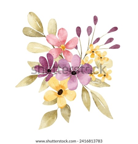 Flowers watercolor, floral clip art. Bouquet perfectly for printing design on invitation, card, wall art and other. Isolated on white background. Hand drawing.