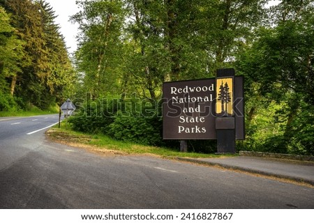 Welcome sign at the entrance to Redwood National and State Parksin California, USA Royalty-Free Stock Photo #2416827867