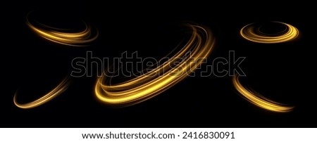 Golden glowing swirl. The effect of moving at the speed of light. Easy trail. Shiny wavy path. Vector.Neon light.	