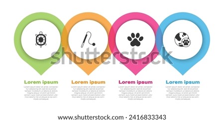 Set Turtle, Pet cat toy, Paw print and World pet. Business infographic template. Vector