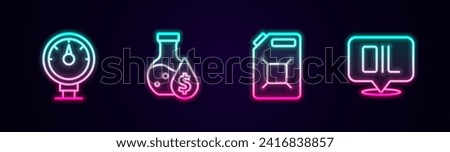 Set line Motor gas gauge, Oil petrol test tube, Canister for gasoline and Word oil. Glowing neon icon. Vector