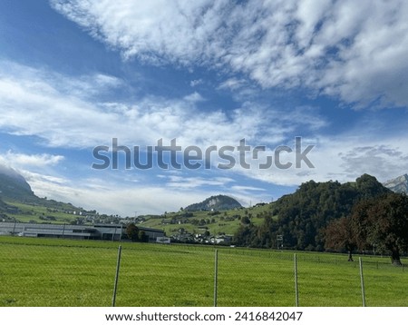 Green field and mountains in Switzerland. Cows on the green grass and in the background Alps. Sunny and rainy days in the nature.