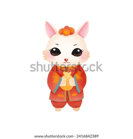 Cute cat little white. Chinese New Year. Cartoon vector illustration isolated on a white.