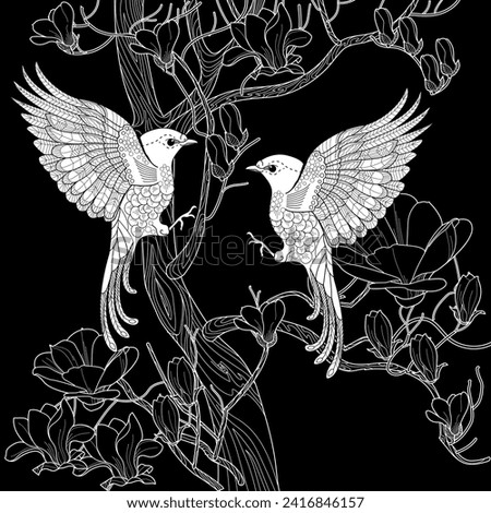 Antistress drawing for coloring. Coloring Book for adults and children.  Blooming magnolia tree and birds. Romantic concept.
