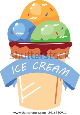 Colorful triple scoop ice cream cone with sprinkles. Blue ribbon with text. Sweet treat on a hot day vector illustration. Royalty-Free Stock Photo #2416850911
