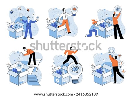Out of the box idea vector illustration. Creative minds flourish in garden out-of-the-box thinking Imagination is compass guiding ship out-of-the-box creativity Out-of-the-box strategies illuminate
