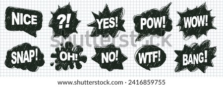 A set of speech bubbles in comic style. Hand drawn shapes with scribble textures. Phrases: Nice, Yes, Pow, Wow, Snap, Oh, No, Wtf, Bang. Vector illustration elements in a checked notebook background