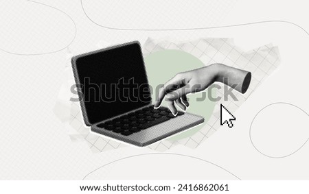 Trendy Halftone Collage Hand reaches for button on computer laptop. Type message. Online job and communication. Freelancers conference. Contemporary vector illustration art