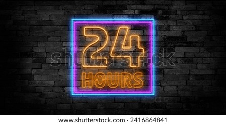 24 hours neon sign vector design template. 24 hours Open neon, light banner design element colorful modern design trend, night bright advertising, bright sign. Vector illustration