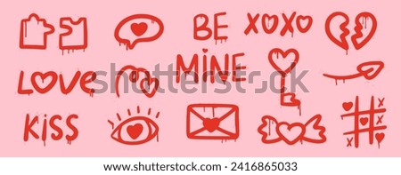Set graffiti clip art. Urban street style. Valentine day elements. Y2k love set. Collection of heart, puzzle, eye, arrow, key, letter, tic tac toe. Splash effects and drops. Grunge and spray texture.