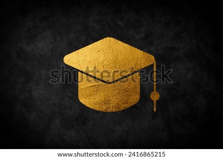Graduate college, high school or university cap isolated on black background. Vector gold 3d degree ceremony hat. Golden educational student symbol .