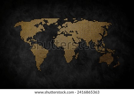 Halftone texture golden world map. World abstract illustration.