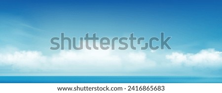 Sky Blue,Cloud Background,Horizon Spring Clear Sky in Morning by the beach,Vector illustration Panoramic Scene landscape nature sunrise in Summer,Backdrop banner white clouds over ocean blue