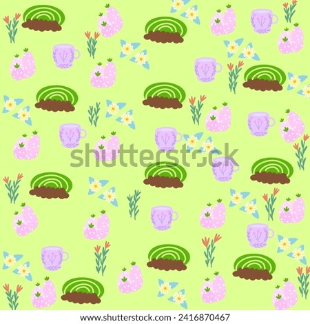 Unique vector easter seamless pattern with cute clipart: bunny, egg, flower, plant, rainbow, balloon, reindeer, cat etc cartoon Easter repeating tiles with spring clip art for fabric, wrapping paper, 