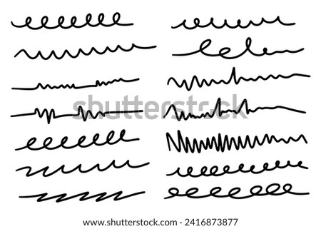 Collection hand drawn horizontal wavy lines. Set of vector random under line freehand isolated white background.