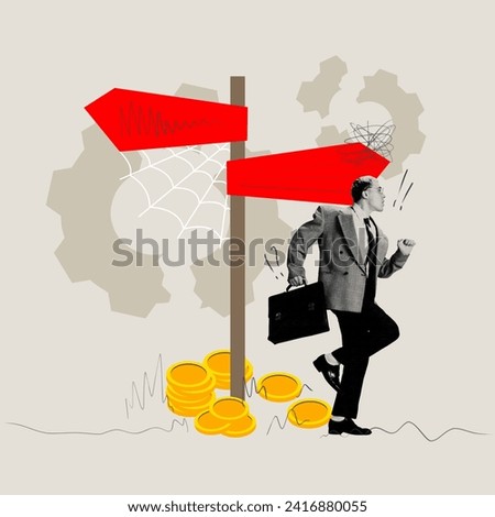 Motivational poster for startups after crisis, navigation through business challenges. Businessman choosing profitable path. Conceptual design. Concept of economy, crisis, business recovery