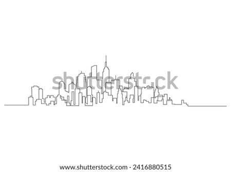 cityscape in continuous one line vector drawing. Modern flat line landscape vector. City landscape line art illustration with building, tower, skyscrapers. Vector illustration.
