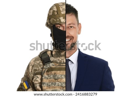Man as military and businessman isolated on white, collage dividing portrait